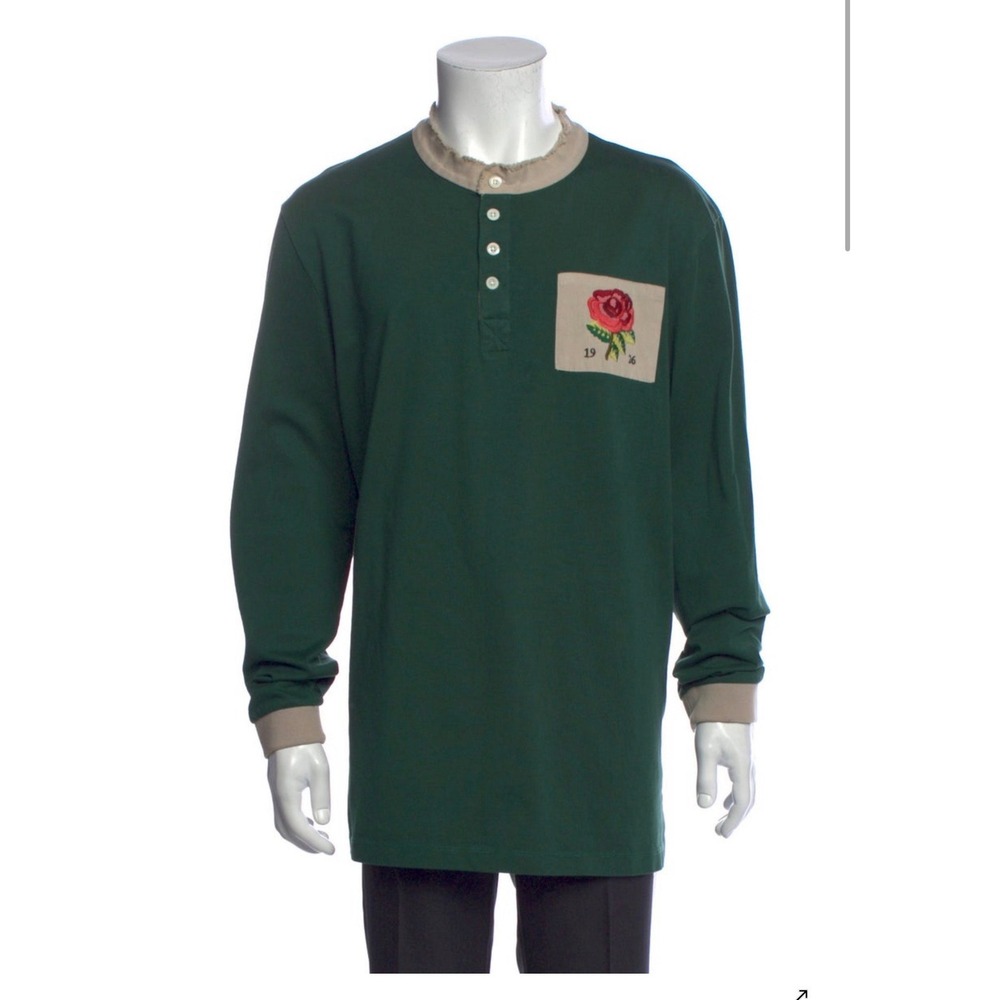 Kent & Curwen Mens XXL Green Rose Embroidered Long Sleeve Henley Shirt